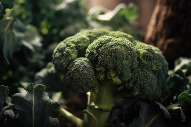 Foto un mazzo di broccoli è in una pila con le foglie verdi a destra.