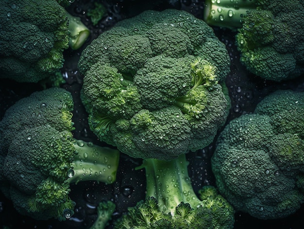 A bunch of broccoli is shown on a black surface.