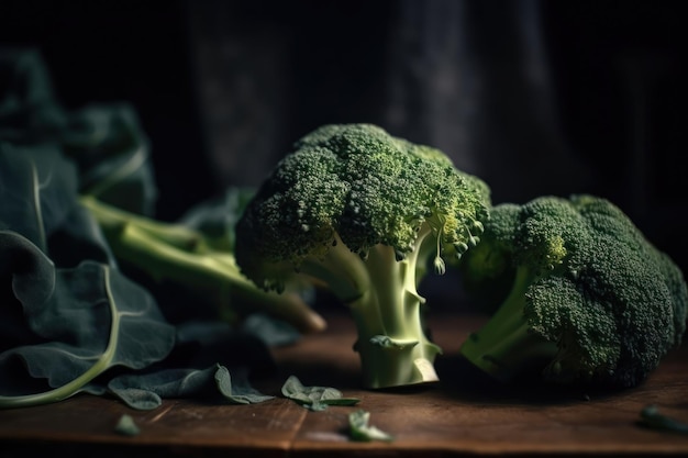 Photo a bunch of broccoli is on a table with a dark background.