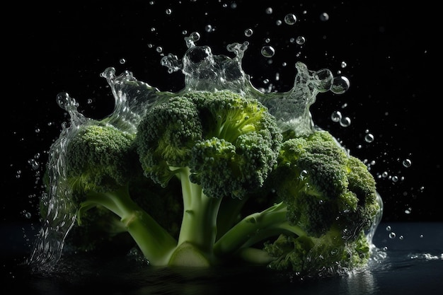 A bunch of broccoli is in water with a black background