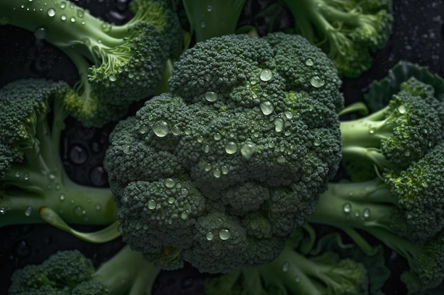 A bunch of broccoli with water droplets on it