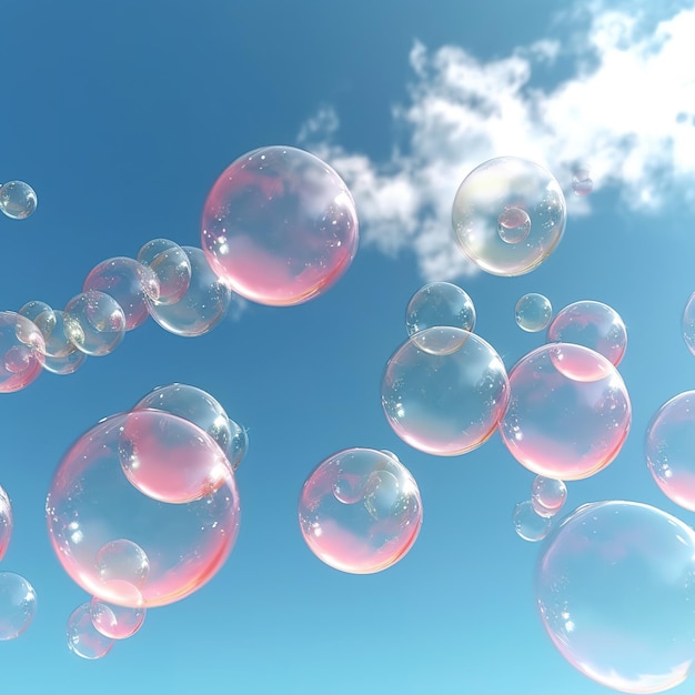A bunch of bubbles floating in the sky with clouds in the background