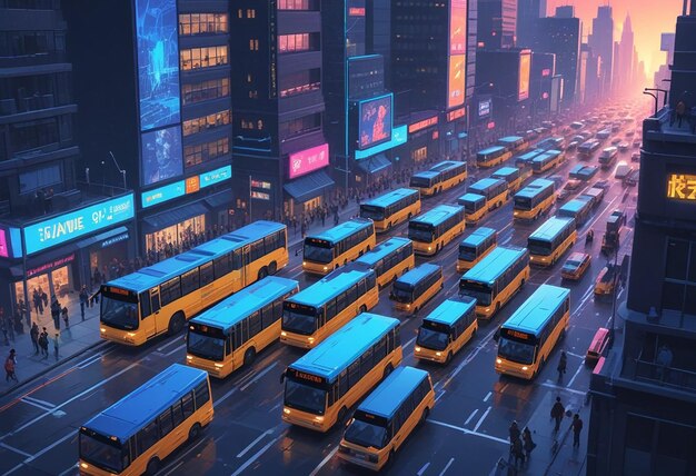 Photo a bunch of buses are lined up in a city with people walking in front of them