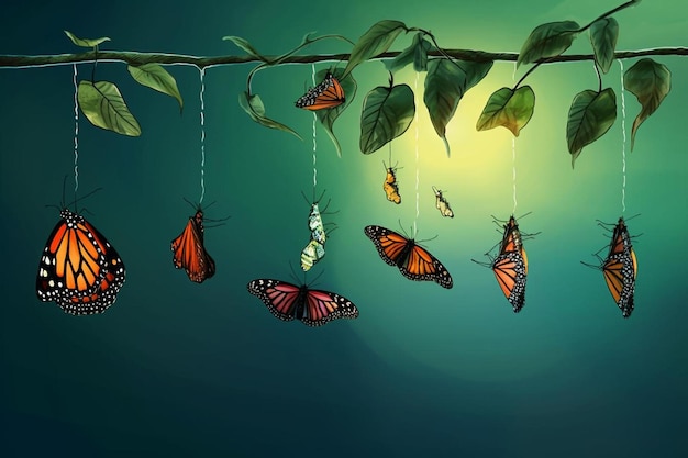 Premium AI Image | a bunch of butterflies hanging from a branch with ...