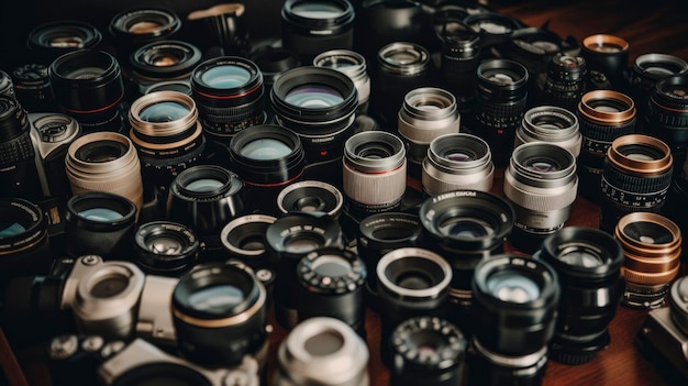 A bunch of cameras are stacked on top of each other.