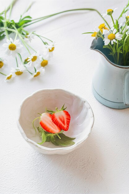 Photo bunch of camomile daisy chamomile flowers in an enamel metal vintage jug with a ceramic white bowl of fresh strawberry on a white background