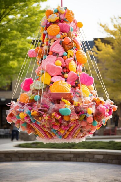 a bunch of candies hanging from a string