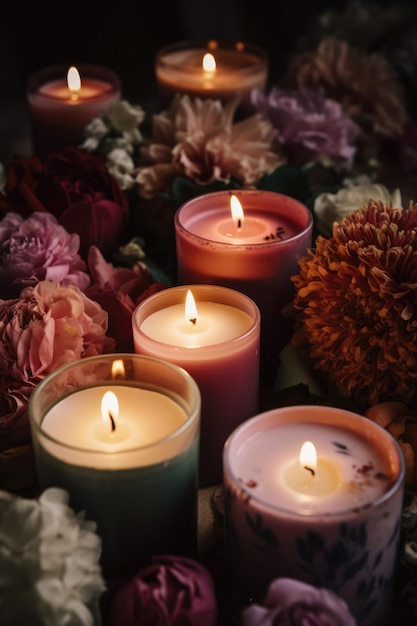 A bunch of candles with a pink and green flower in the middle.