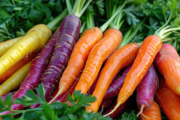 A bunch of carrots are displayed in a bunch with some being orange