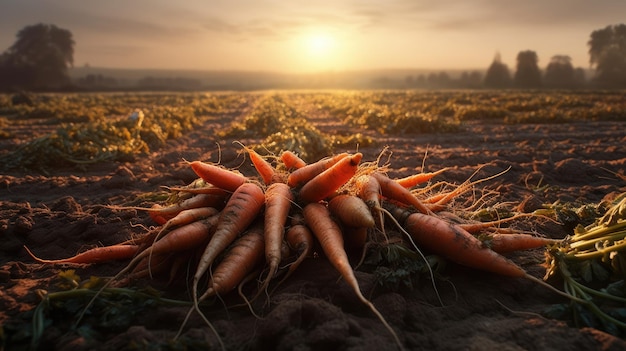 Photo a bunch of carrots are laying on a field at sunset.