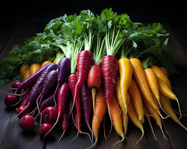 a bunch of carrots and radishes are on a table.