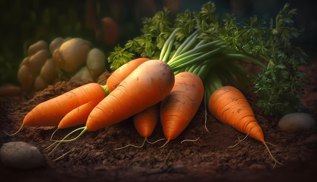 A bunch of carrots on a table with a dark background.