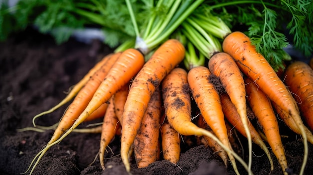 A bunch of carrots with green tops in the dirt