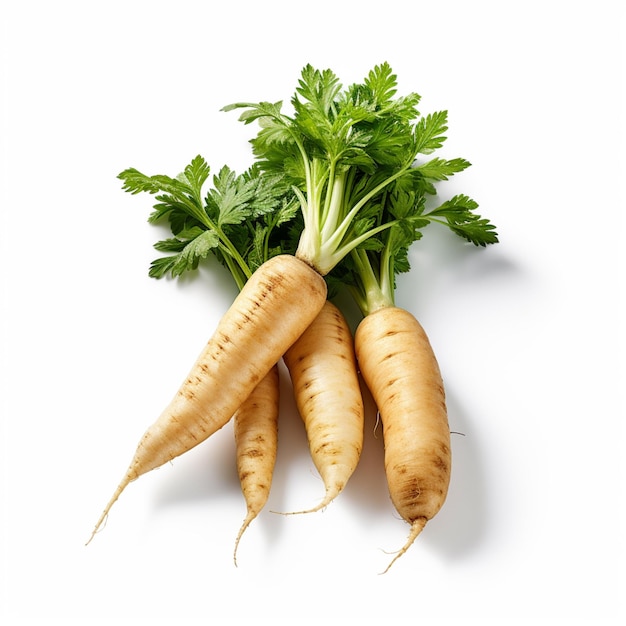 A bunch of carrots with green tops on a white background