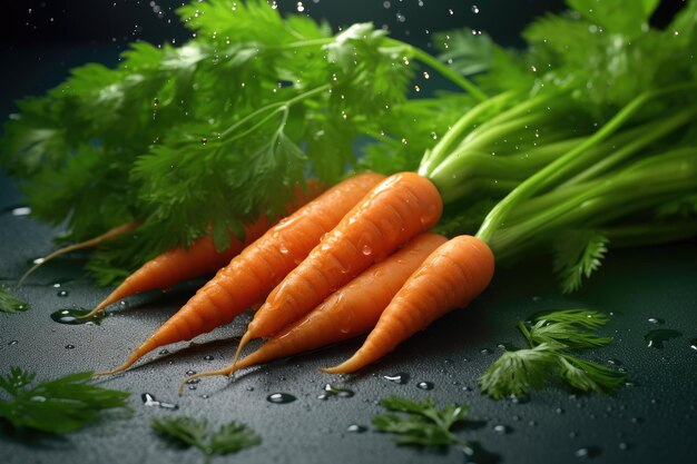 A bunch of carrots with green tops and the word carrots on it