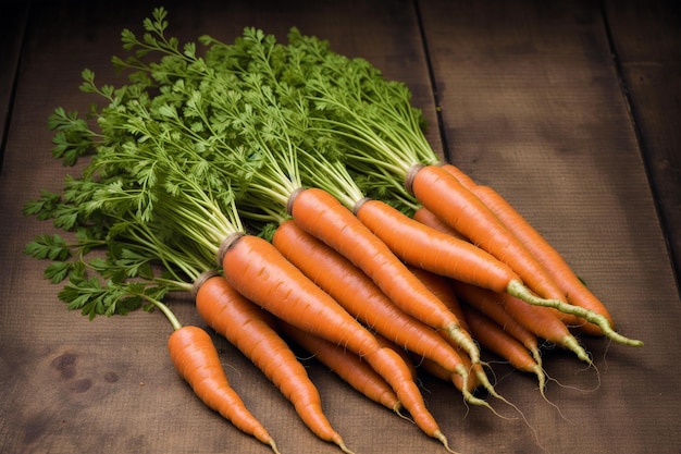 A bunch of carrots on a wooden table