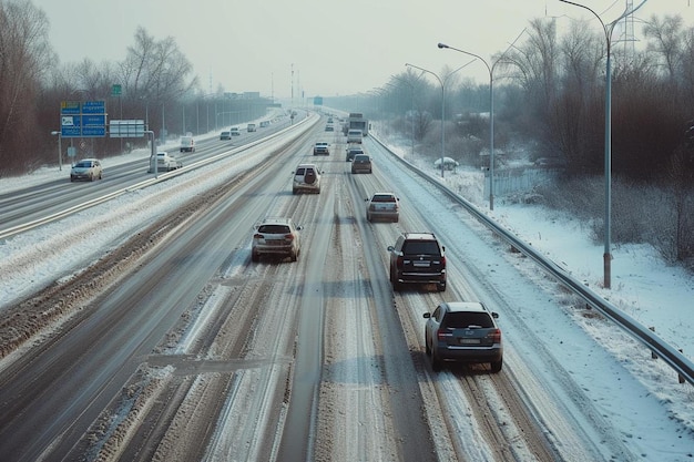 a bunch of cars that are on a snowy road