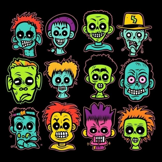 A bunch of cartoon zombie heads with different colors and sizes generative ai