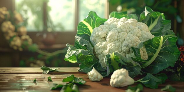 Photo a bunch of cauliflower on a table with a window behind it