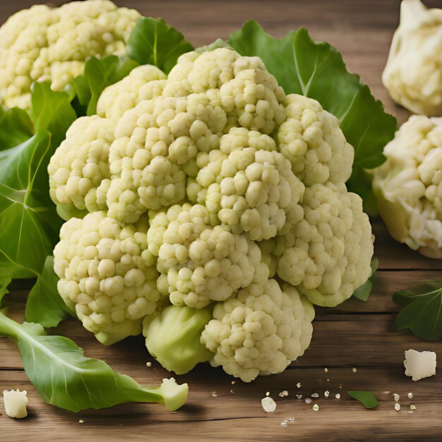 a bunch of cauliflowers are on a wooden table