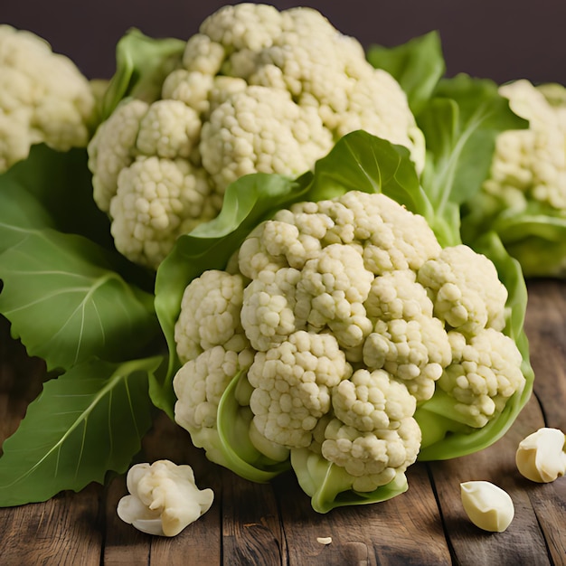 a bunch of cauliflowers on a wooden table