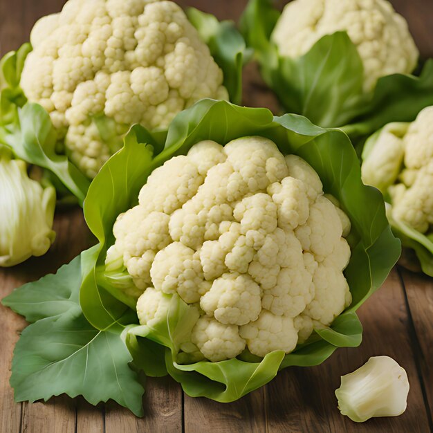 a bunch of cauliflowers on a wooden table