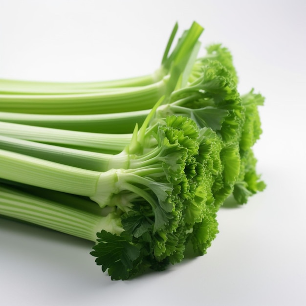 A bunch of celery is on a white background with the word celery on it.