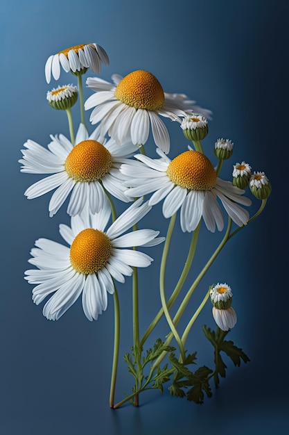 Bunch of chamomile flowers over blue background Illustration AI Generative