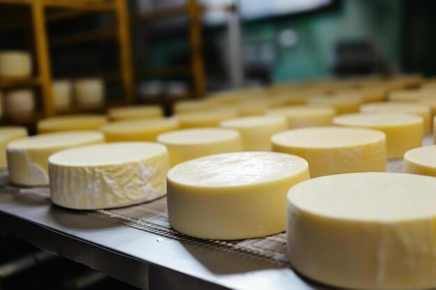 Foto un grappolo di formaggio su un nastro trasportatore impianto industriale di produzione di formaggio tecnologie moderne produzione di diversi tipi di formaggio in fabbrica