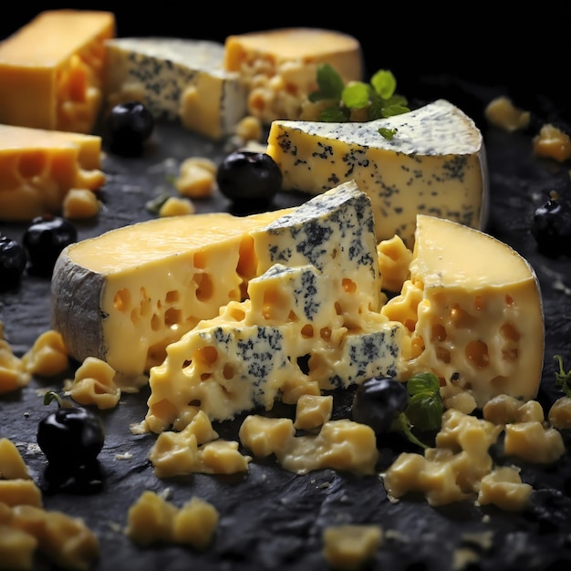 a bunch of cheeses that are on a black surface