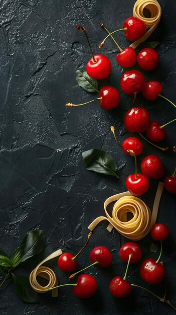 A bunch of cherries on a black surface