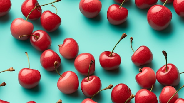 A bunch of cherries on a blue background