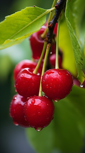 a bunch of cherries hanging from a tree