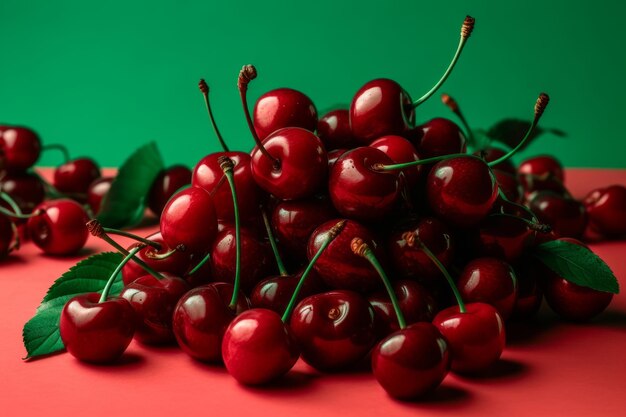 A bunch of cherries on a red background