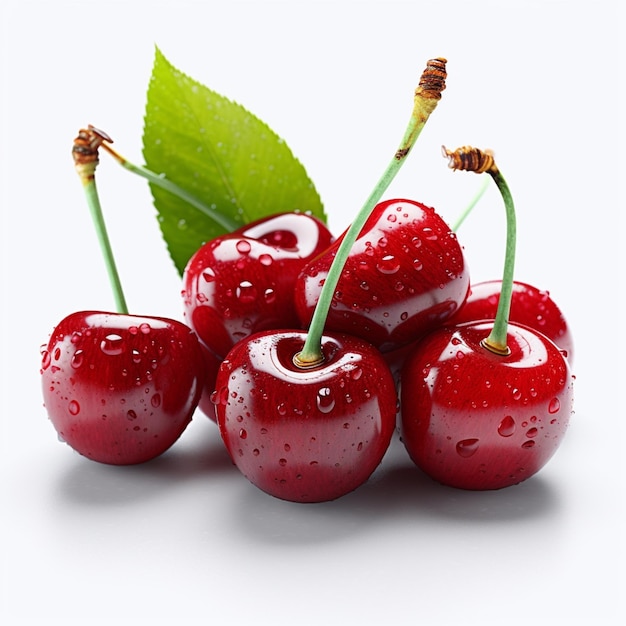 A bunch of cherries with a green leaf on the side