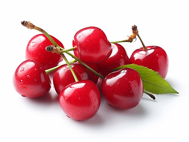 A bunch of cherries with a green leaf on a white background