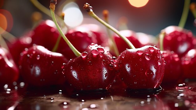 a bunch of cherries with water drops on them