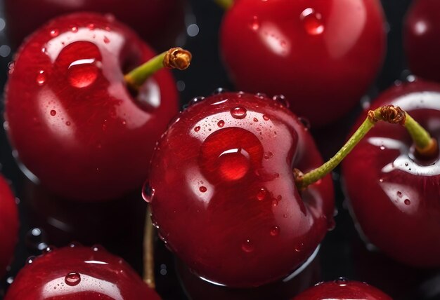 a bunch of cherries with water drops on them