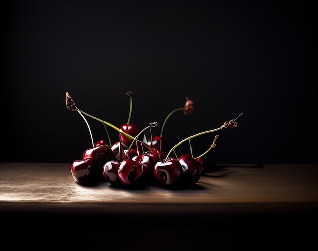 A bunch of cherries on a wooden table with a dark background.