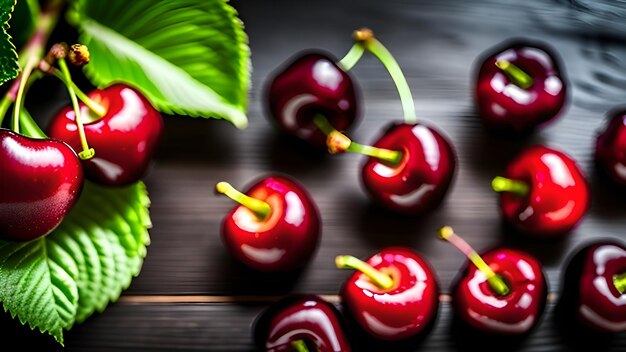 A bunch of cherries on a wooden table