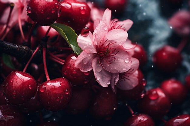 Bunch of cherry blossoms with water droplets on them and pink flower Generative AI