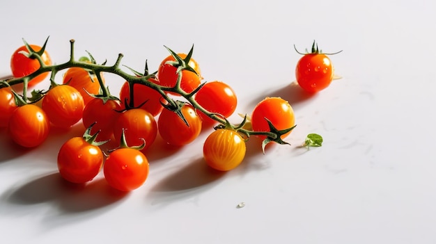 A bunch of cherry tomatoes on a white surface