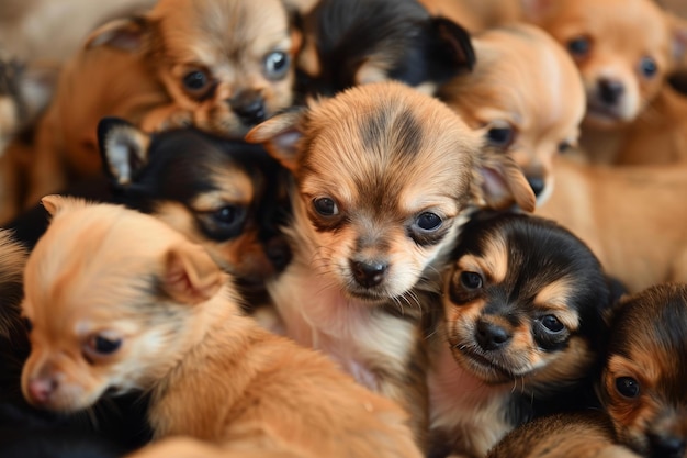 A bunch of Chihuahua puppies in a soft fluffy blanket Cute dogs close to each other