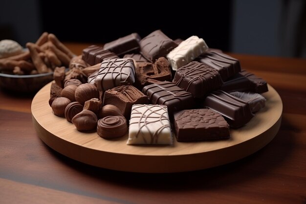 Bunch of chocolate candies on wooden board