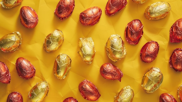 A bunch of chocolate eggs are on a yellow background The eggs are all different sizes and shapes and
