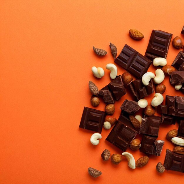 A bunch of chocolates and nuts scattered on a plain table world chocolate day