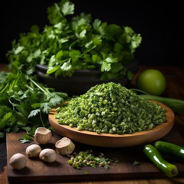 a bunch of chopped parsley on a cutting board with a bowl of parsley.
