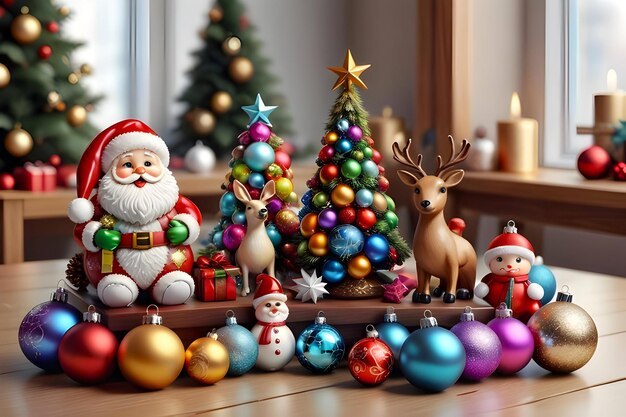 크리스마스 기간 에 테이블 에 크리스마스 장난감 과 선물 들 이 많이 놓여 있다