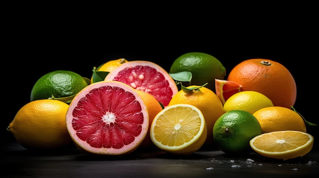 A bunch of citrus fruits on a dark background