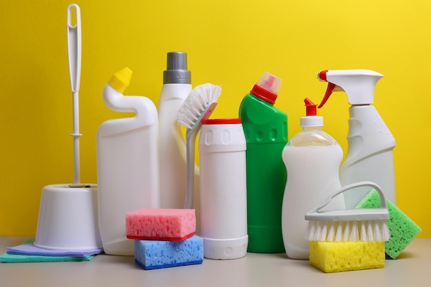 a bunch of cleaning products on a table